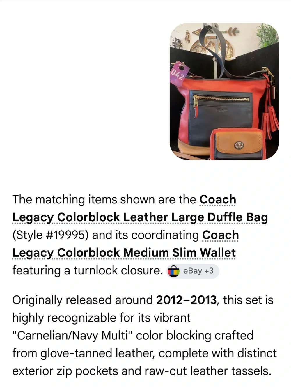 Coach #042 Legacy Colorblock Large Duffel With matching Turnlock wallet